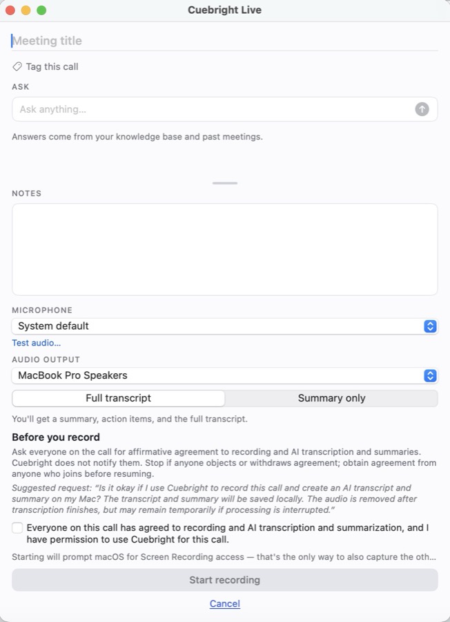 The Cuebright Live panel, ready to record a call: meeting title, Ask, notes, microphone and the consent checkbox.