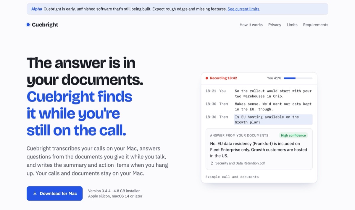 The cuebright.com homepage: 'The answer is in your documents. Cuebright finds it while you're still on the call.' with an example call and an answer card.