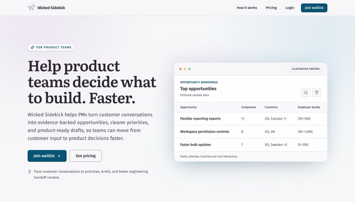 The new Wicked Sidekick homepage: 'Help product teams decide what to build. Faster.' next to a table of top opportunities.